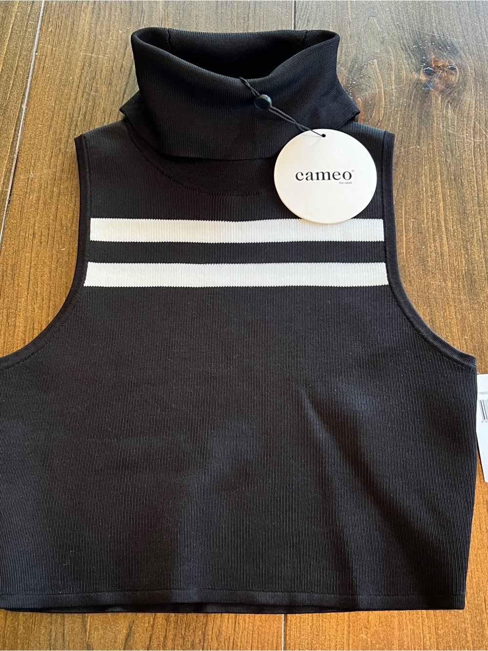 Cameo Black Sleeveless Turtleneck Crop Top with White Stripes-small